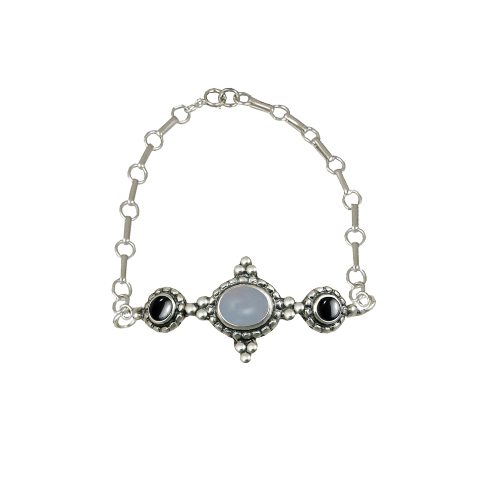 Sterling Silver Gemstone Adjustable Chain Bracelet With Chalcedony And Hematite